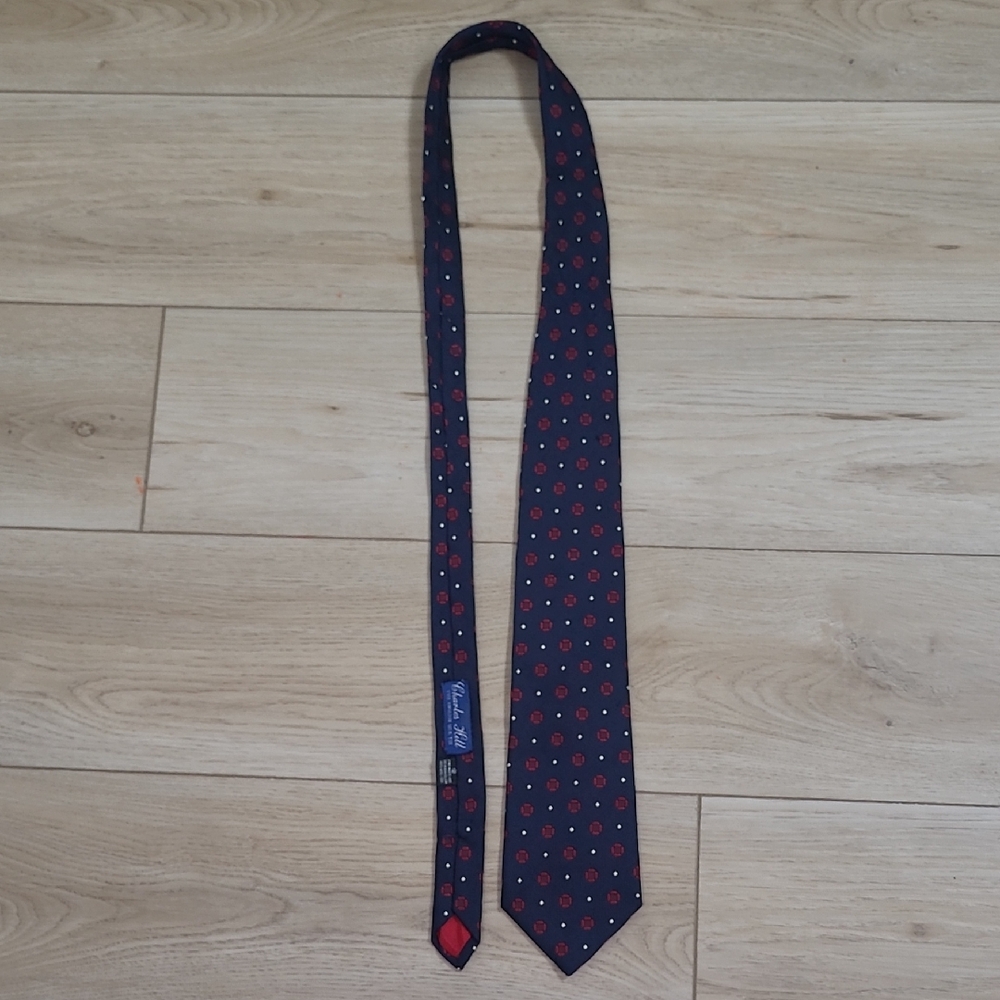 Charles Hill Navy Blue Tie with Red Polka Dots Silk